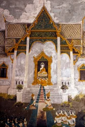 Fresco die een scène uit het leven van Boeddha afbeeldt in Wat Phra Doi Suthep, Chiang Mai, Thailand